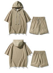 Men's Ice Silk Hooded High Street Short Sleeve T-shirt Shorts Set
