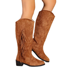 Winter Fringe Chunky Heel Long Boot | Pointed Toe Shoes | Women Western Cowboy Boot