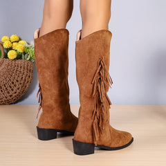 Winter Fringe Chunky Heel Long Boot | Pointed Toe Shoes | Women Western Cowboy Boot