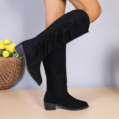 Winter Fringe Chunky Heel Long Boot | Pointed Toe Shoes | Women Western Cowboy Boot