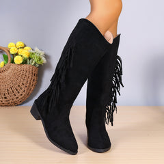 Winter Fringe Chunky Heel Long Boot | Pointed Toe Shoes | Women Western Cowboy Boot