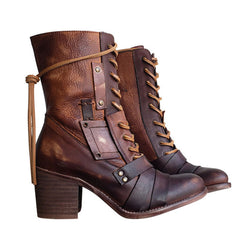 Retro Shoes Lace-up Western Boots Chunky Mid Heel Cowboy Boots