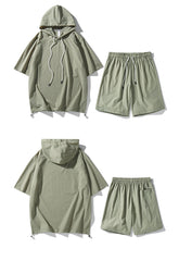 Men's Ice Silk Hooded High Street Short Sleeve T-shirt Shorts Set
