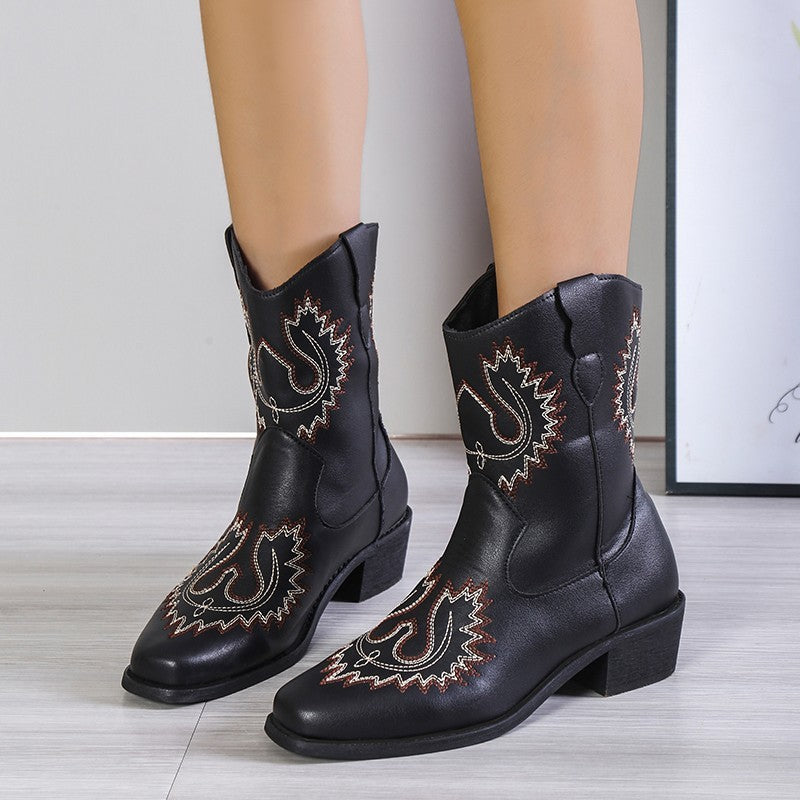 Embroidery Western Boots Chunky Mid Heel Cowboy Boots Women Shoes