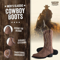 Classic Cowboy Boots for Men - Footwear with Traditional Round Toe Men's Western Boots with Embroidery - Outdoor Water Repellent Durable Boots