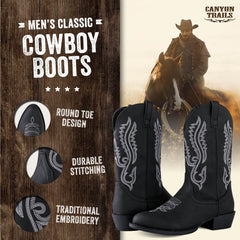 Classic Cowboy Boots for Men - Footwear with Traditional Round Toe Men's Western Boots with Embroidery - Outdoor Water Repellent Durable Boots