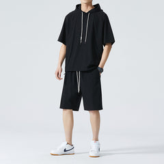 Men's Ice Silk Hooded High Street Short Sleeve T-shirt Shorts Set