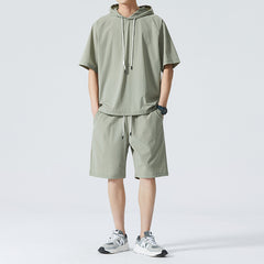 Men's Ice Silk Hooded High Street Short Sleeve T-shirt Shorts Set